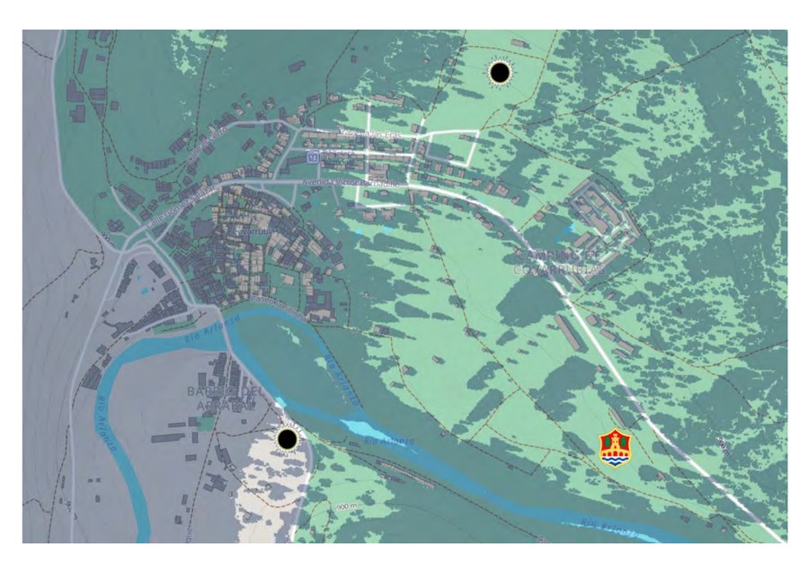 Mapa en detalle del pueblo con zonas de sombra